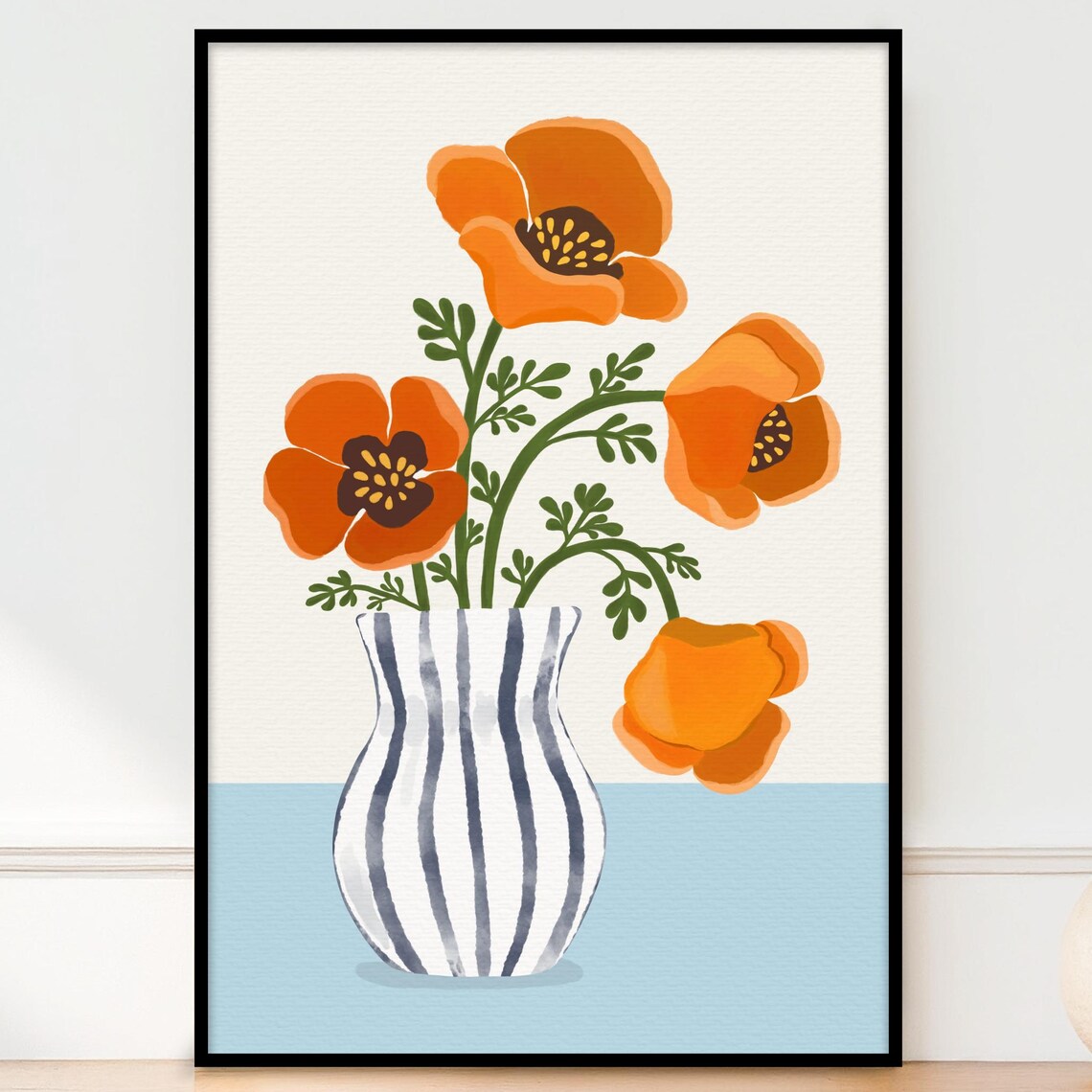 Orange Poppy Flowers In Striped Vase Modern Botanical Poster