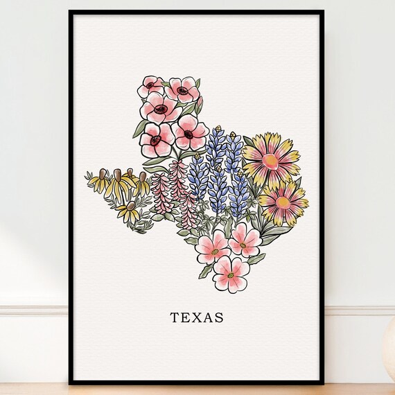 Texas State Shape Wildflowers Floral Print Map Travel Poster Housewarming Gift Dorm Decor 5x7 8x10 16x20 18x24 24x36