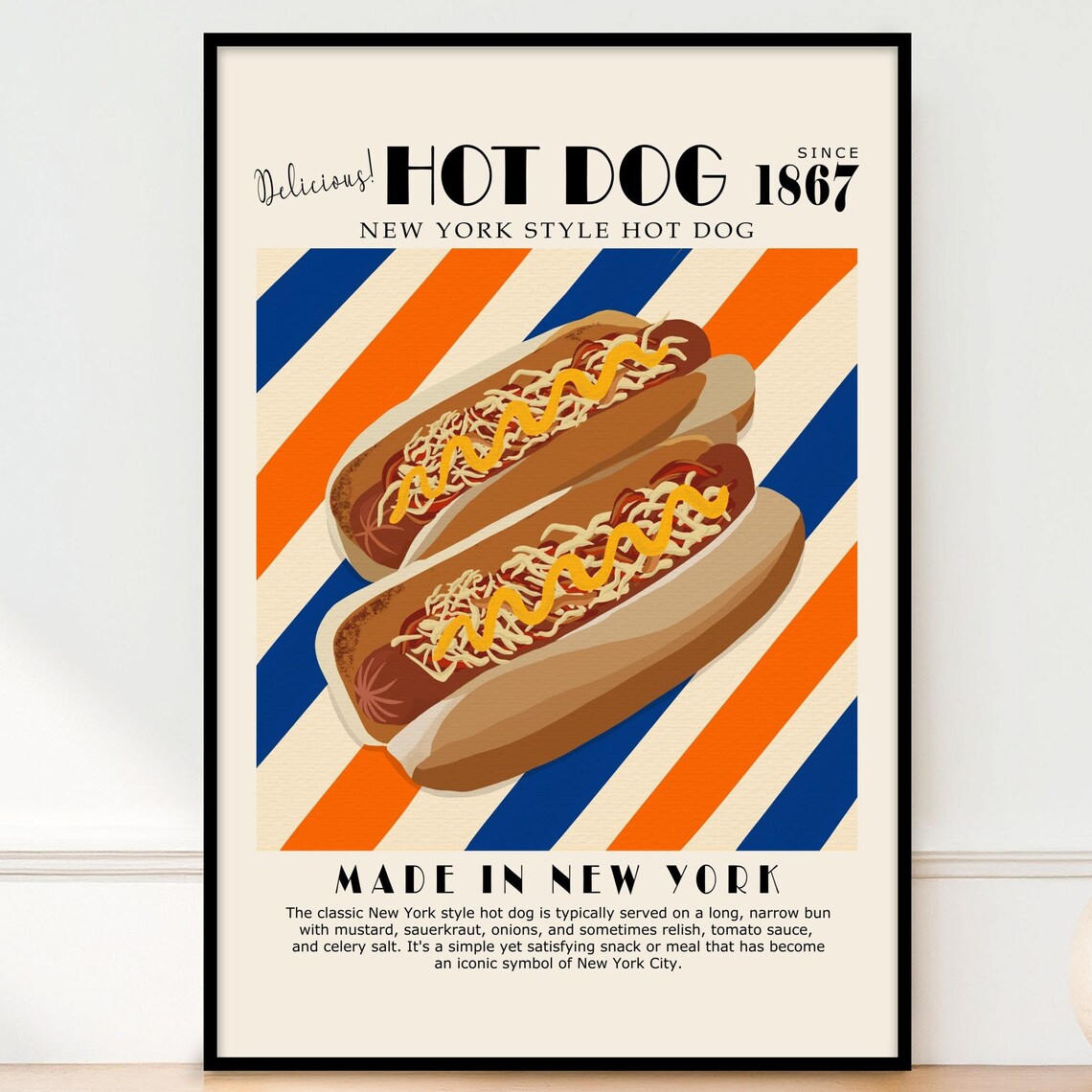 New York Style Hot Dog Retro Food Illustration Vintage Kitchen Poster