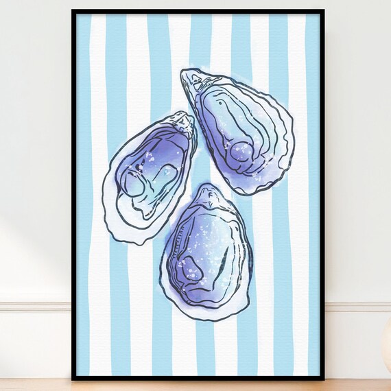 Blue Watercolor Oysters Striped Coastal Seafood Kitchen Wall Art