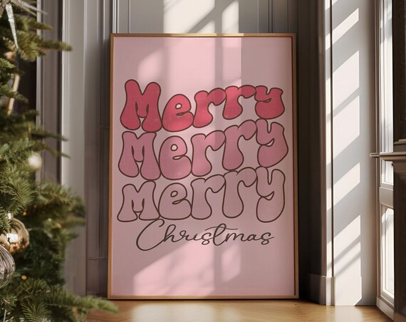 Merry Merry Merry Christmas Pink Retro Typography Holiday Art Poster