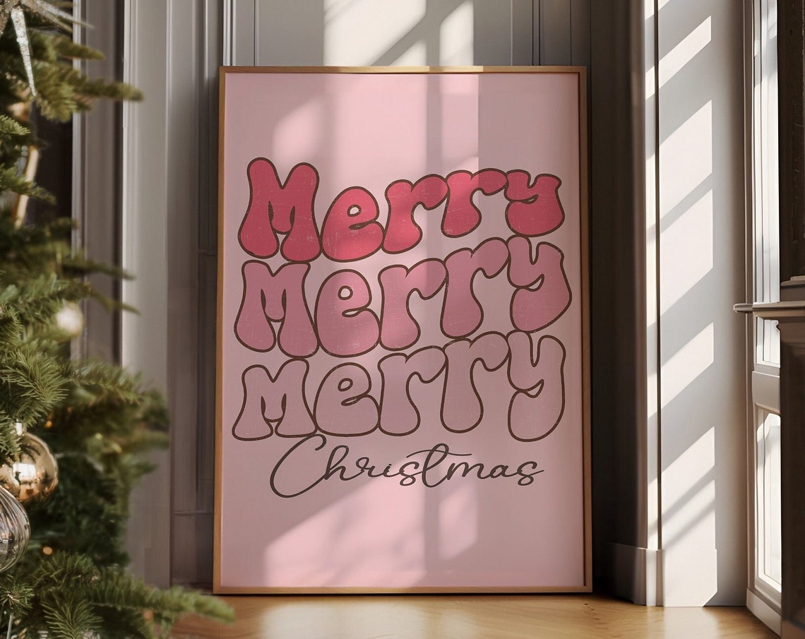 Merry Merry Merry Christmas Pink Retro Typography Holiday Art Poster