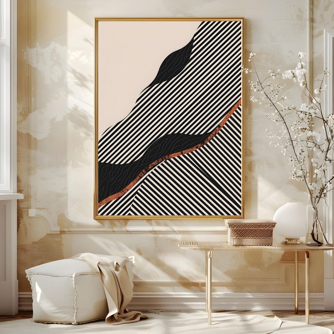 Mid Century Modern Black Stripe Wave Rust Edge Beige Art Poster - Image 3