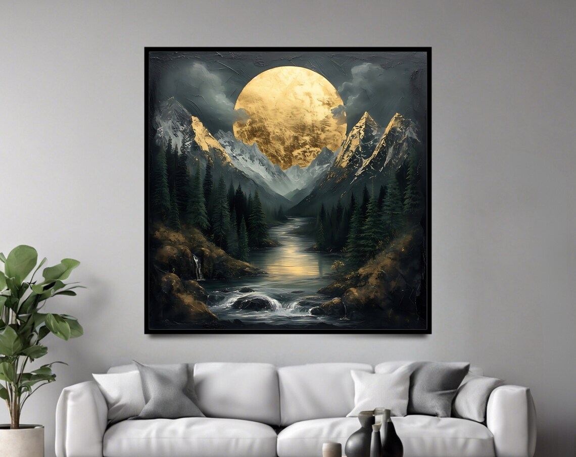 Giant Golden Moon Rising Over Snowy Mountain River Night Landscape Poster - Image 4
