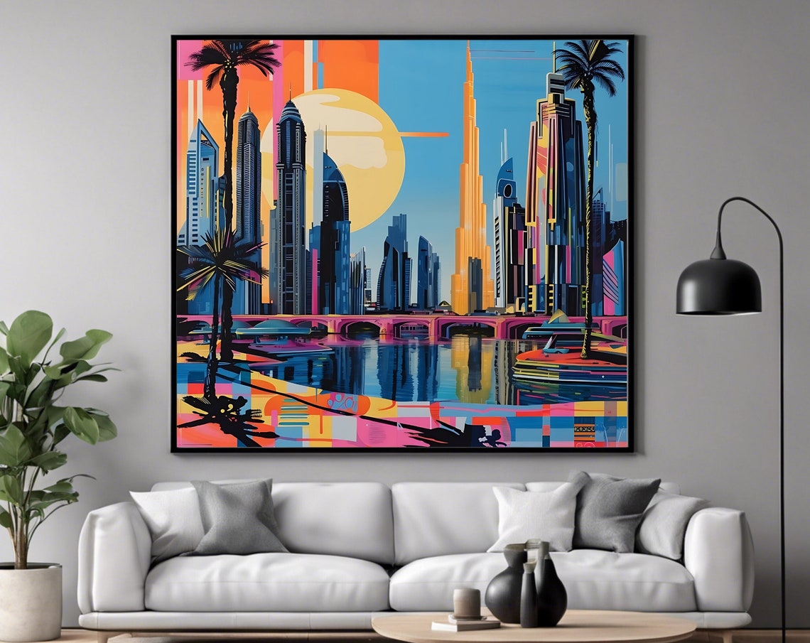 Dubai Skyline Pop Art Palm Trees Sunset Cityscape Travel Print Poster - Image 4