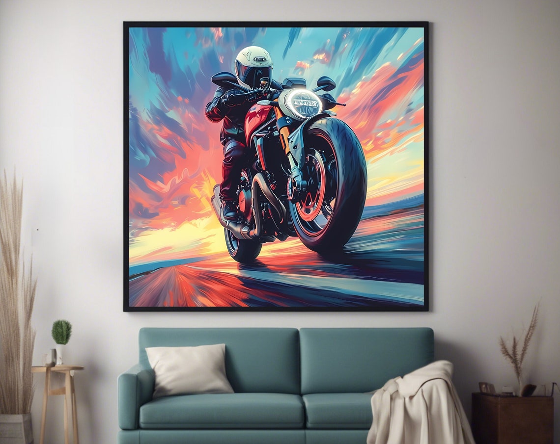 Sunset Motorcycle Wall Art Print Square Artwork Motorcycle Poster For Home Decor - Image 4