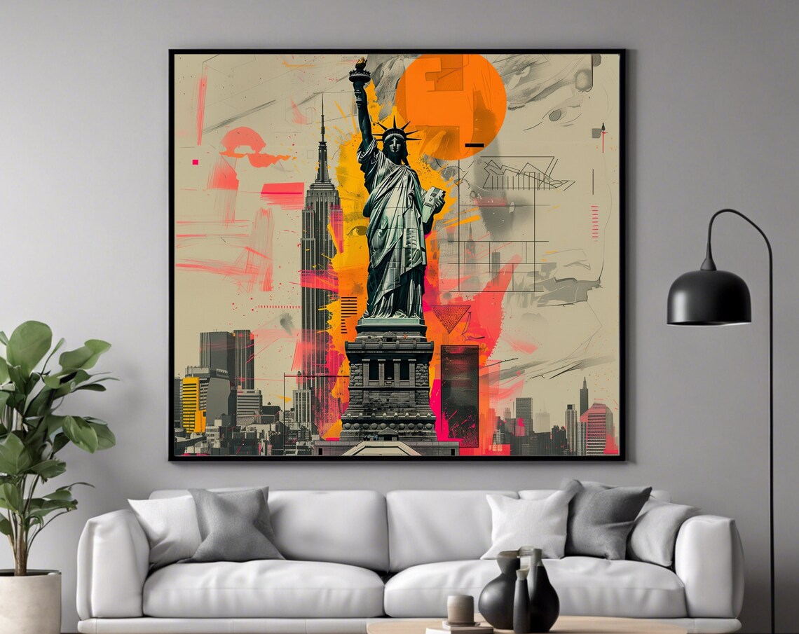 New York City Statue of Liberty Pop Art Skyline Collage Travel Poster - Image 4
