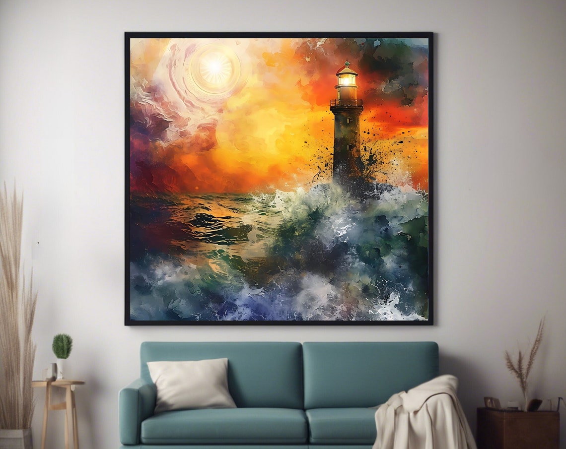 Lighthouse Sunset Wall Art Print Nautical Square Artwork Ocean Themed - Image 4