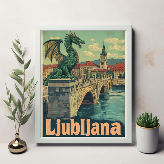 Vintage Ljubljana Illustration With Dragon Bridge Charming Wall Art Print Instant