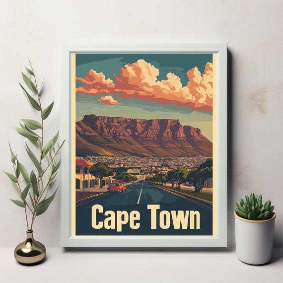Vintage Cape Town Illustration With Table Mountain At Sunset Retro Wall Art Print For Instant