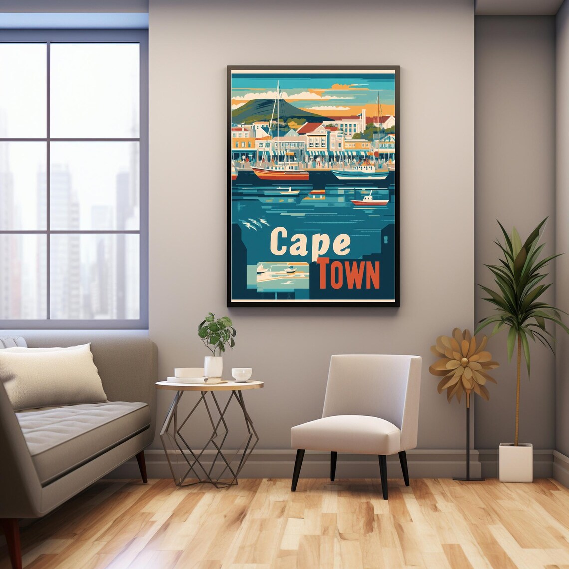 Cape Town Waterfront Scene, Retro Flat Design - Image 3