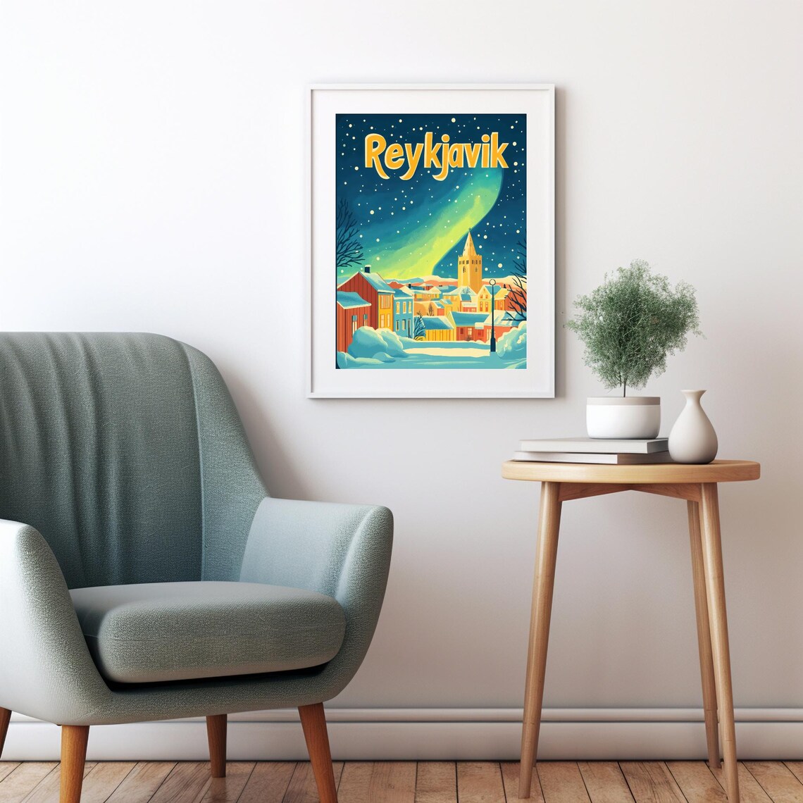 Enchanting Reykjavik Nightscape With Aurora Borealis Whimsical Retro Art For Instant - Image 2