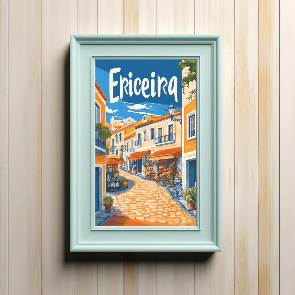 Ericeira A Vibrant Illustrated Street Scene Of A Quaint Coastal Town In Portugal With Market Stalls And Charming Buildings
