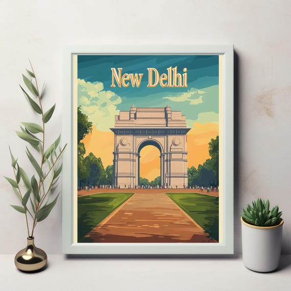Vintage India Gate Poster New Delhi Monument Illustration In Bold Colors And Tranquil Sky