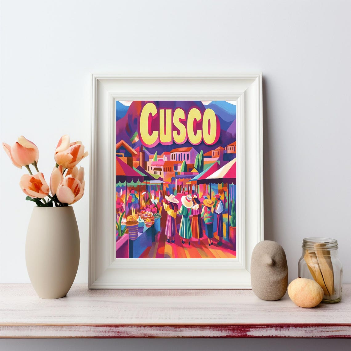 Vibrant Cusco Market Scene Colorful Art Print Featuring Traditional Attire And Scenic Mountains - Image 2