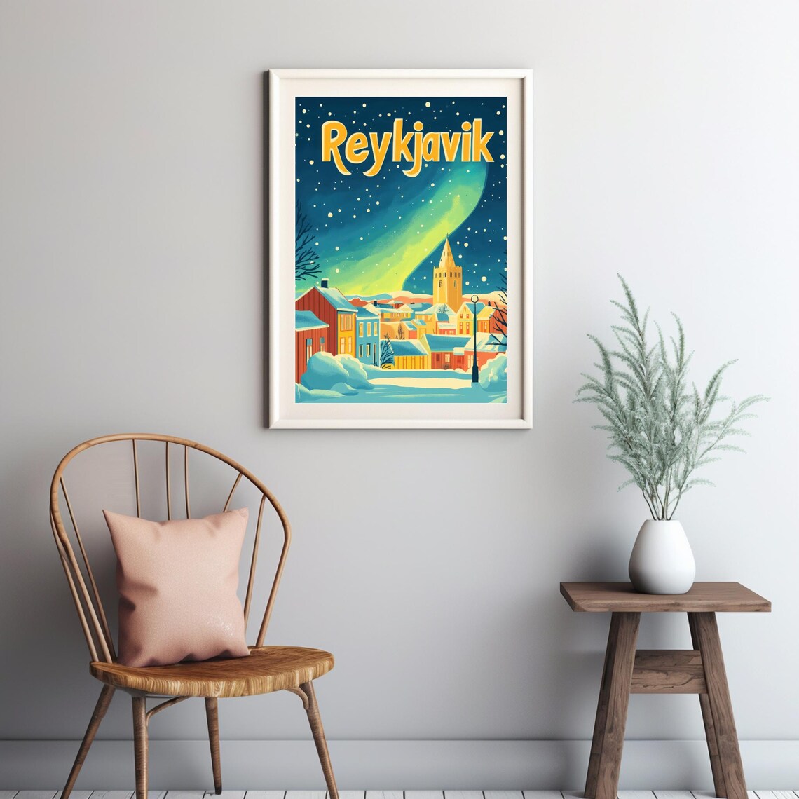 Enchanting Reykjavik Nightscape With Aurora Borealis Whimsical Retro Art For Instant - Image 3