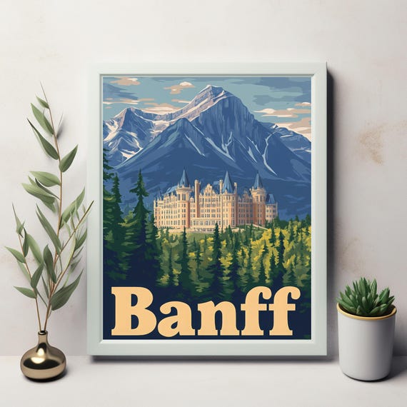 Vintage Inspired Castle Illustration With Majestic Mountains Banff Wall Art For Instant