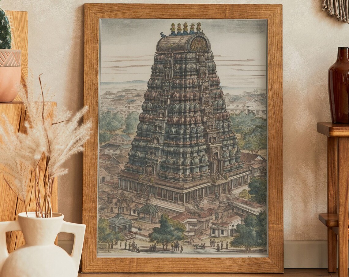 Vintage Meenakshi Temple India Gopuram Woodblock Style Travel Poster