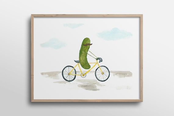 Whimsical Pickle With Mustache On Bicycle, Art Print