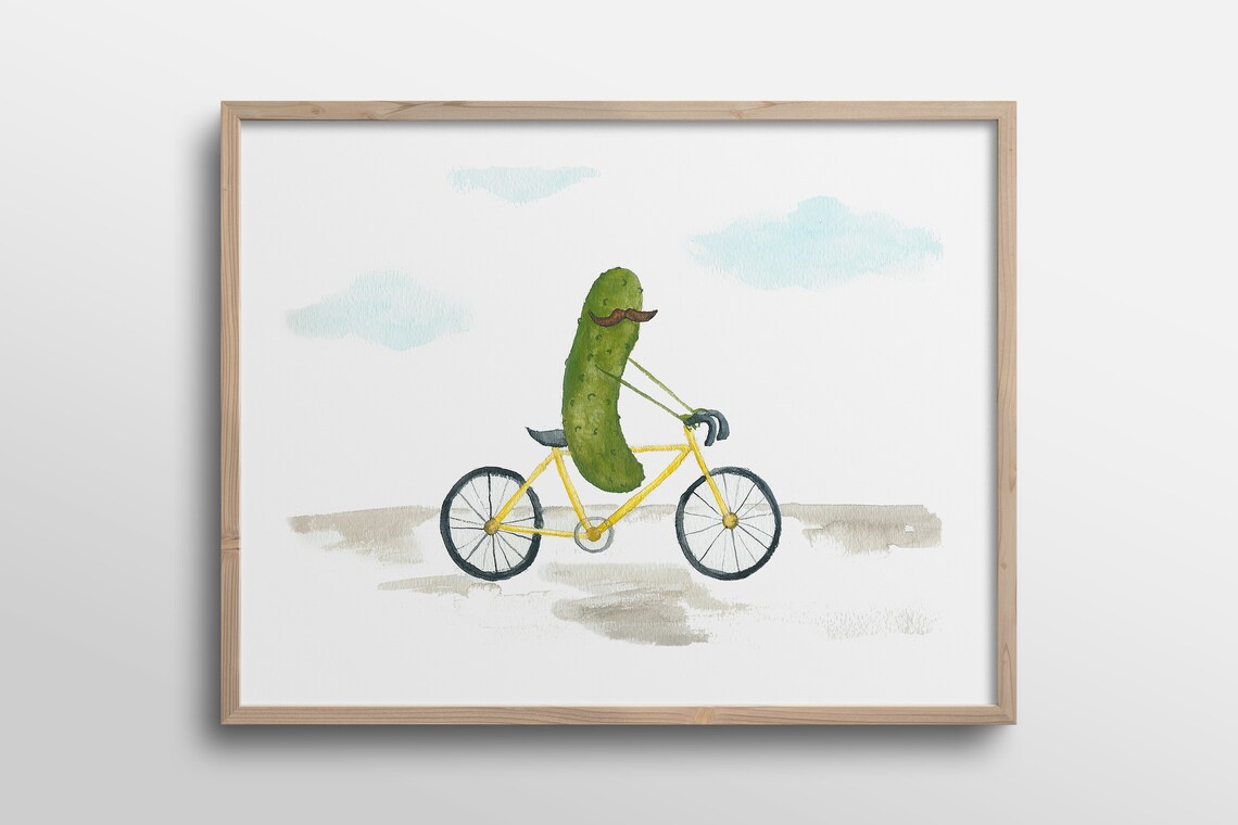 Whimsical Pickle With Mustache On Bicycle, Art Print