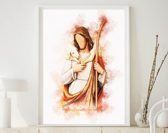 Jesus the Good Shepherd Carrying Lamb Watercolor Wall Poster