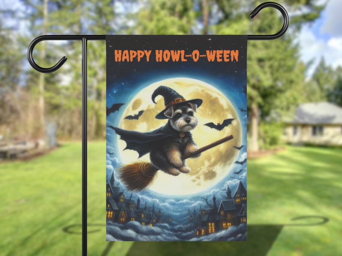 Halloween Mini Schnauzer Witch Garden Flag Art Print