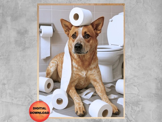 Red Heeler Bathroom Wall Art Funny Dog Toilet Paper Decor Kids Animal Print Whimsical Lover Gift Humor Poster
