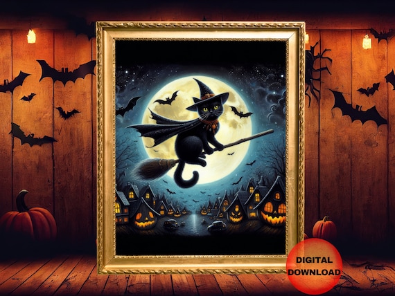 Black Cat Witch on Broomstick Full Moon Spooky Halloween Night Wall Art