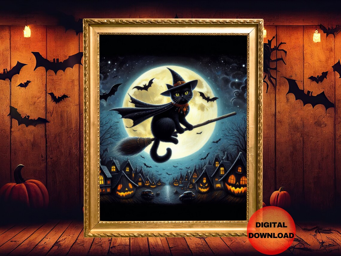 Black Cat Halloween Funny Witch On Broomstick Poster Spooky Picture Witchy Print Whimsy Lover Gift