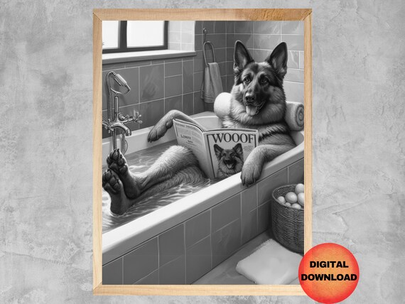 German Shepherd Dog In Bath Black And White Print Funny Gsd Bathtub Kids Pet Bathroom Animal Lover Gift