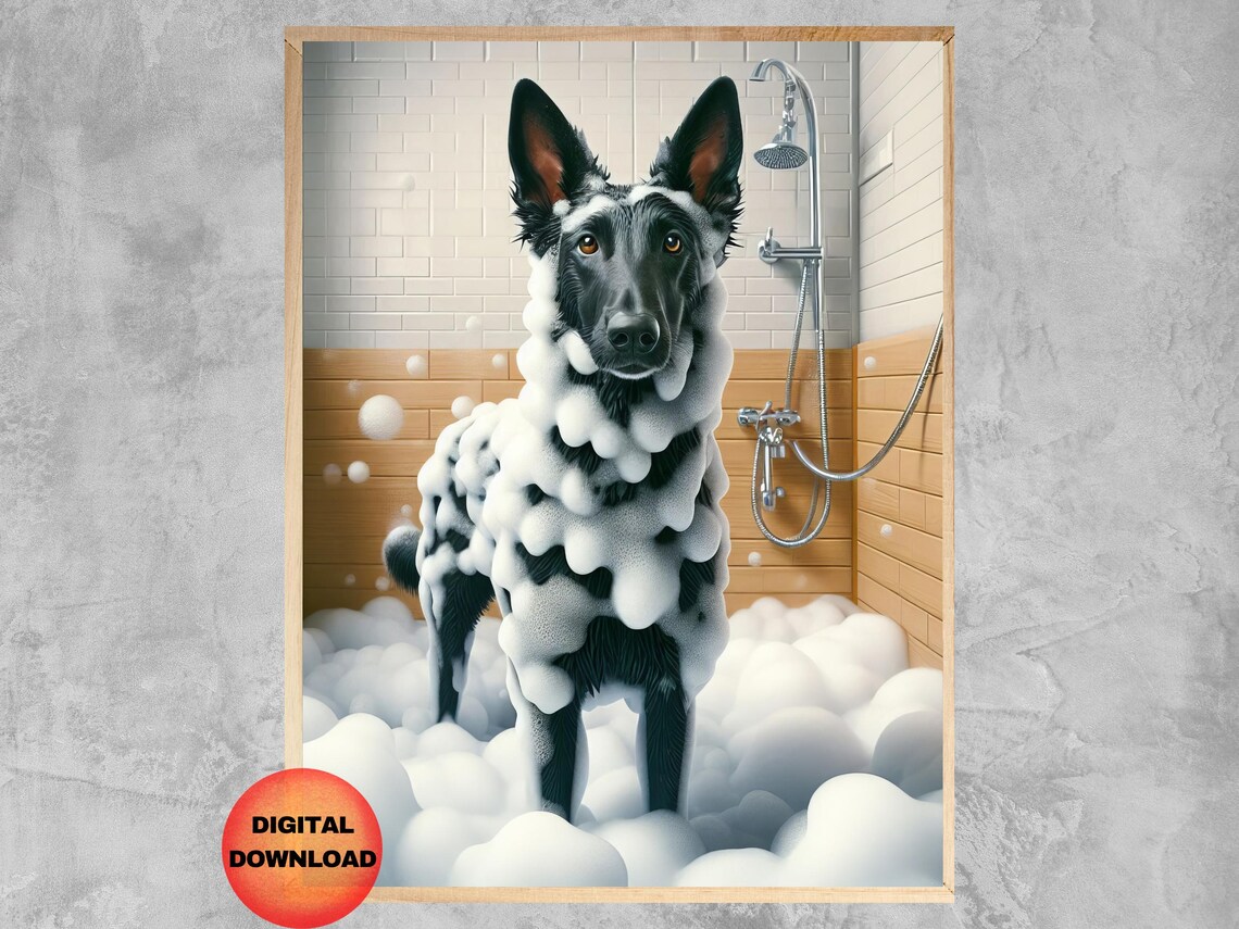 Belgian Malinois Soap Suds Shower Funny Wet Dog Bathroom Decor Wall Art