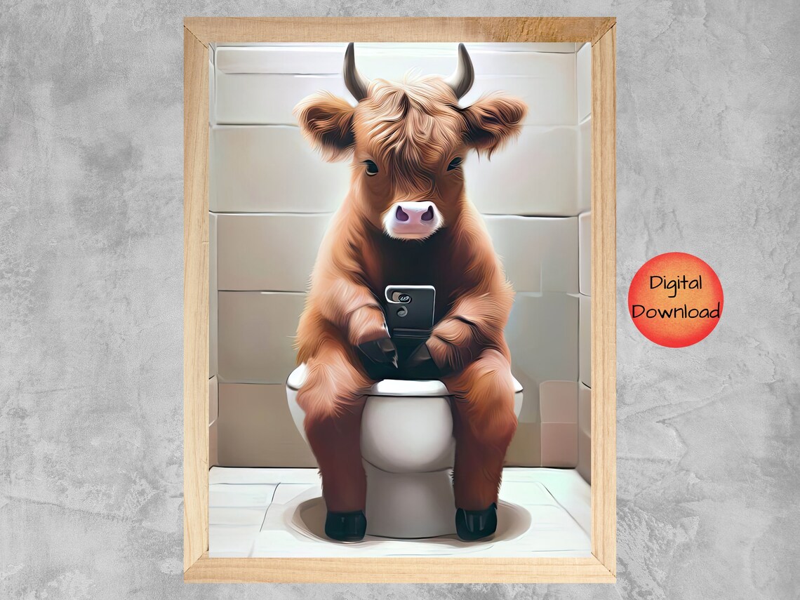 Highland Cow Toilet Wall Art Print, Funny Bathroom
