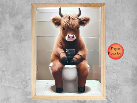 Highland Cow Toilet Wall Art Print, Funny Bathroom