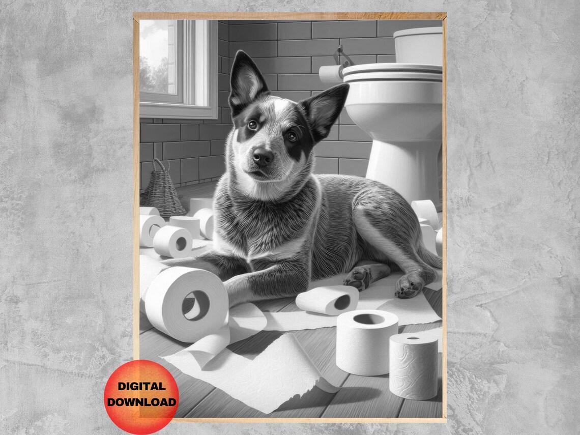 Australian Cattle Dog Puppy Amid Toilet Paper Funny Bathroom Poster