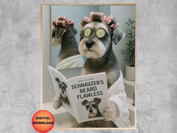 Schnauzer Bathroom Wall Art Funny Dog Grooming Decor In Curlers Poster Spa Day Print Whimsical Lover Gift