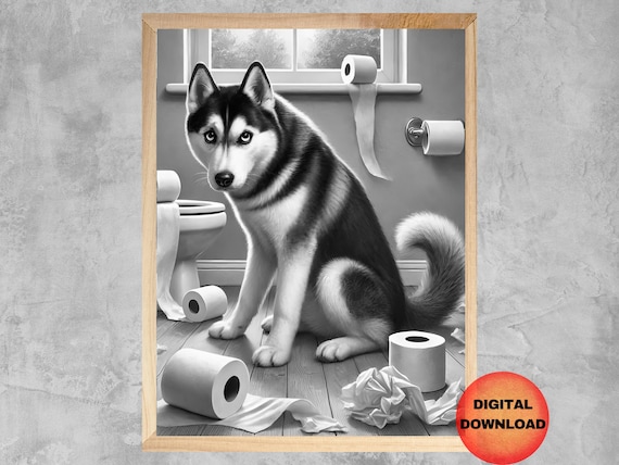 Siberian Husky Dog On Toilet Black And White Print Paper Bathroom Decor Funny Kids Pet Animal Poster Mom Gift