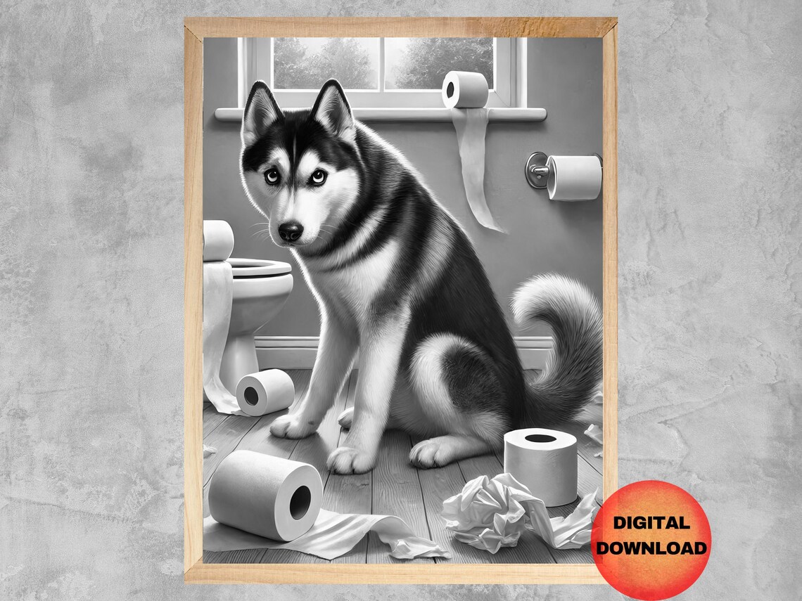 Siberian Husky Toilet Paper Funny Bathroom Dog Black and White Wall Art