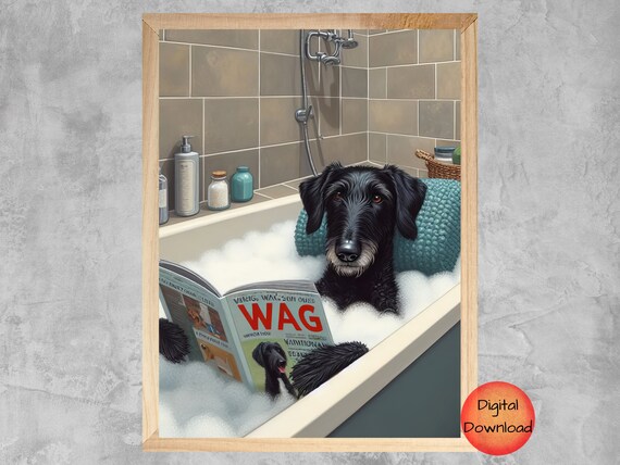 Black Lurcher Funny Dog In Bathtub Wall Art Bathroom Kids Animal Print Whimsy Lover Gift Pet Portrait