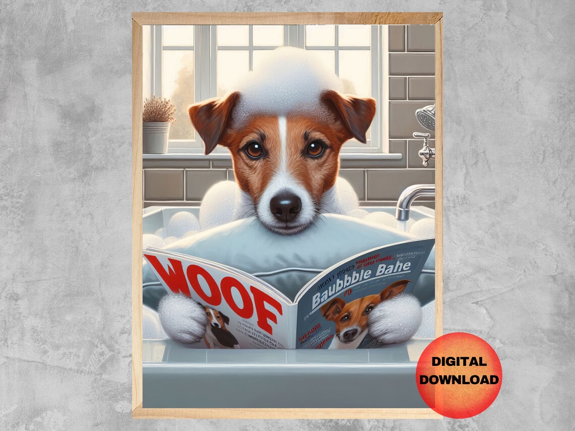 Jack Russell Dog In Bathtub, Funny Bathroom Art Print