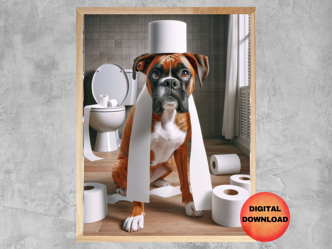 Boxer Bathroom Humor Art Print, Pet Dog Poster