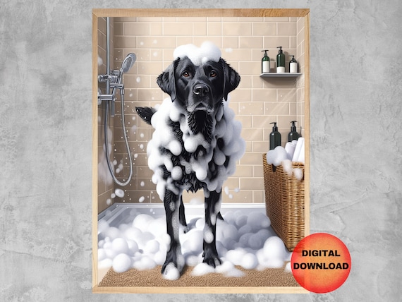 Black Labrador Bathroom Wall Art Funny Lab In Shower Poster Kids Bath Time Pet Animal Print Whimsy Lover Mom Gift