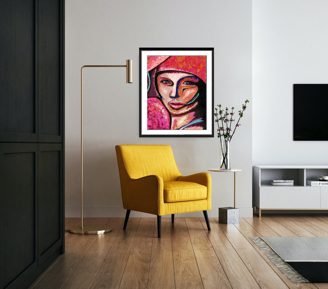 Cubist Womans Face Red Hat Blue Eyes Colorful Abstract Poster - Image 4