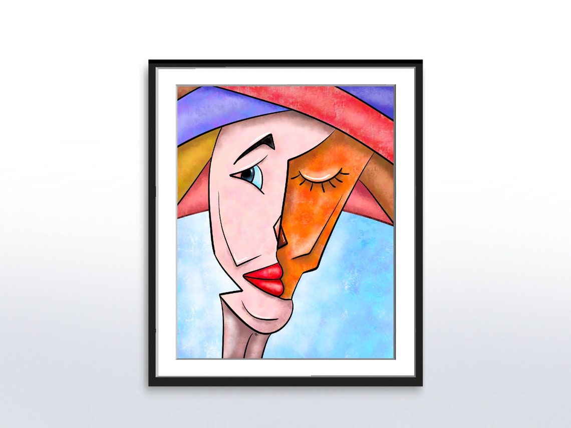 Cubist Split Face Woman Red Lips Orange Blue Abstract Poster - Image 5