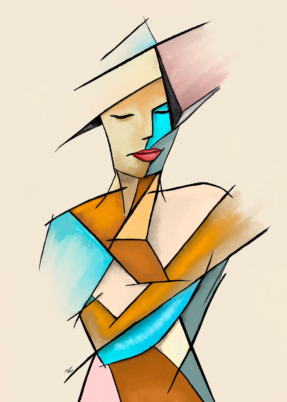 Cubist Woman Torso Geometric Blocks Orange Blue Abstract Poster - Image 5