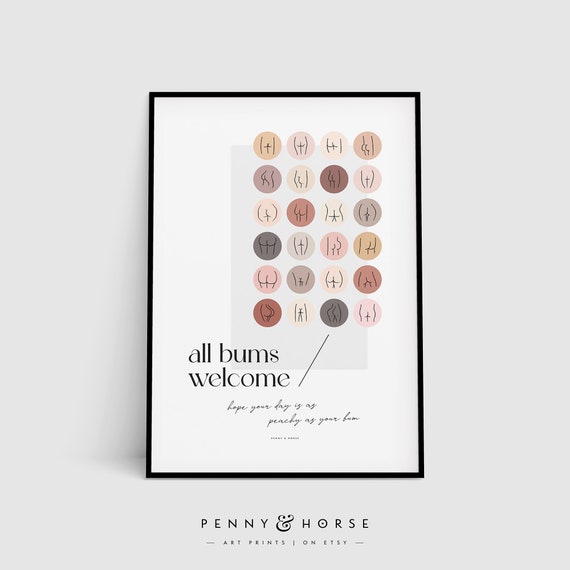 Funny Bathroom Print Welcome All Bums Boho Bathroom Butts Line Art Wall Decor Nude Bathroom Sign Body Positive Decor