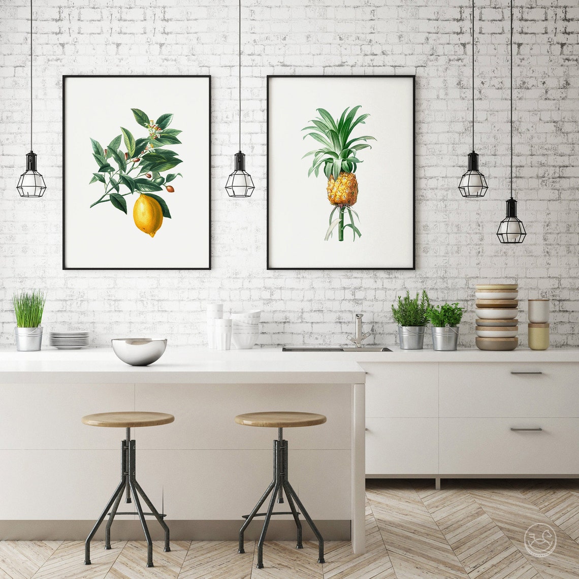 Vintage Botanical Lemon Branch and Pineapple Fruit Pair Poster - Image 3