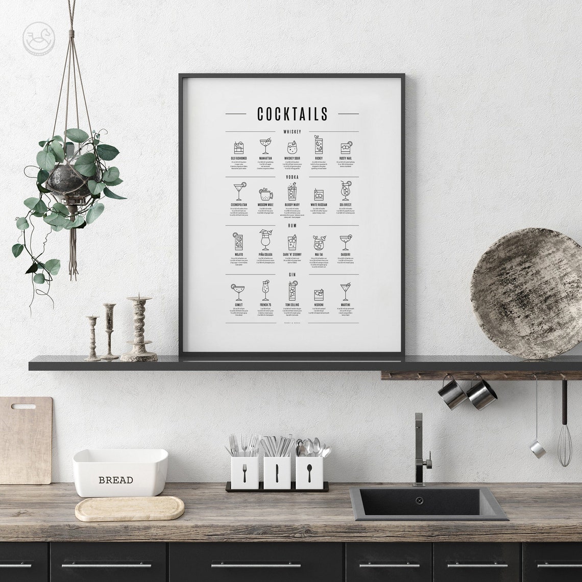 Cocktails by Spirit Whiskey Vodka Rum Gin Illustrated Recipe Poster - Image 2