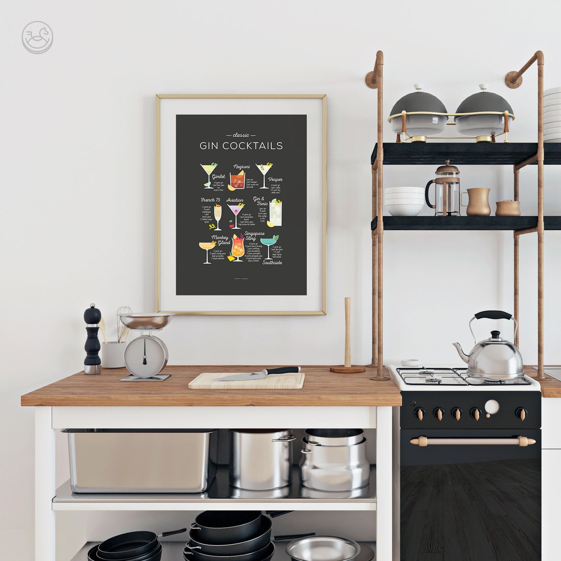 Classic Gin Cocktails Illustrated Recipe Chart Black Bar Wall Poster - Image 3