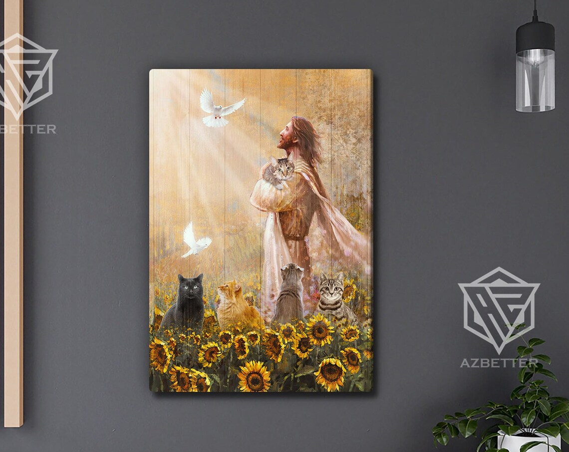 Jesus Holding Kitten In Sunflower Field With Cats And Doves Poster
