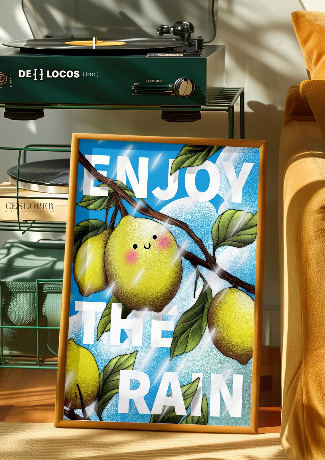 Enjoy the Rain Cute Smiling Lemon Kawaii Inspirational Quote Poster